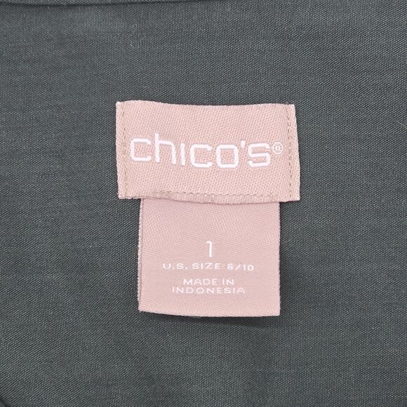 Chico's Button Front Blouse Women's 1 US 8/10 Green Long Sleeve Flap Pockets - Picture 4 of 6